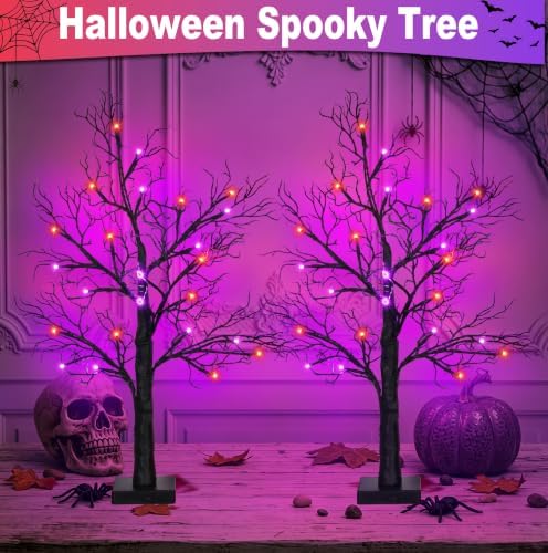 [Timer] 2 Pack Halloween Decorations Indoor, 24 Inch Lighted Black Halloween Tree with 24 Orange & Purple Lights, USB or Battery Powered Spooky Tabletop Tree for Home, Party, Fireplace & Holiday Decor