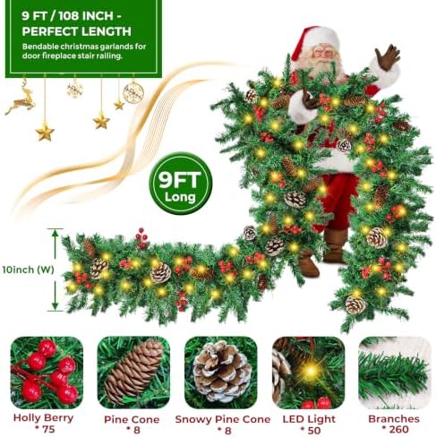 Christmas Garland, 9FT Prelit Christmas Garland with 50 LED Lights, Greenery Xmas Garland with 16 Pine Cones 75 Red Berry Christmas Decoration for Indoor Outdoor Home Mantel Fireplace