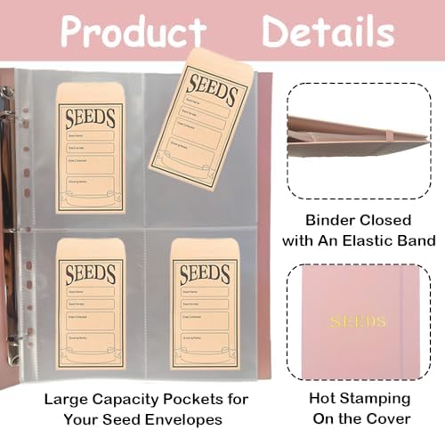 Seed Storage Organizer Binder,3 Ring Seed Packet Organizer with 100 Pockets