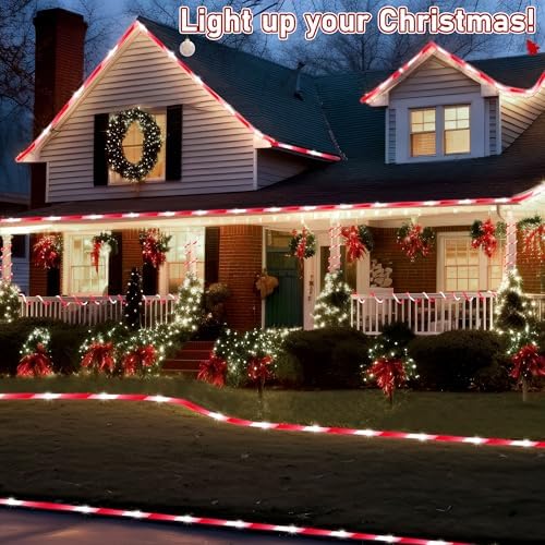 Hiboom 98.4 ft Christmas Candy Cane Rope Lights, 8 Lighting Modes Outdoor Waterproof Christmas Rope Lights with Timer for Terrace Tree Fence Patio Garden Yard Decor(1 Pack)
