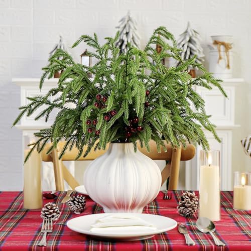 Norfolk Pine Branches Red Berry Stems 17" Artificial Christmas Greenery Picks Fake Pine Needles with Holly Berries for Xmas Tree Filler Decorations Festival Holiday Vase DIY Garland Craft (8, Green)