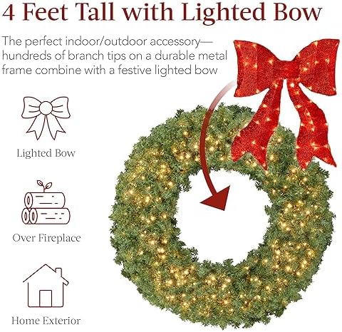 Best Choice Products 48in Large Artificial Pre-Lit Fir Christmas Wreath Holiday Accent Decoration for Door, Mantel w/Red Lighted Bow, 250 LED Lights, 714 PVC Tips, Power Plug-in
