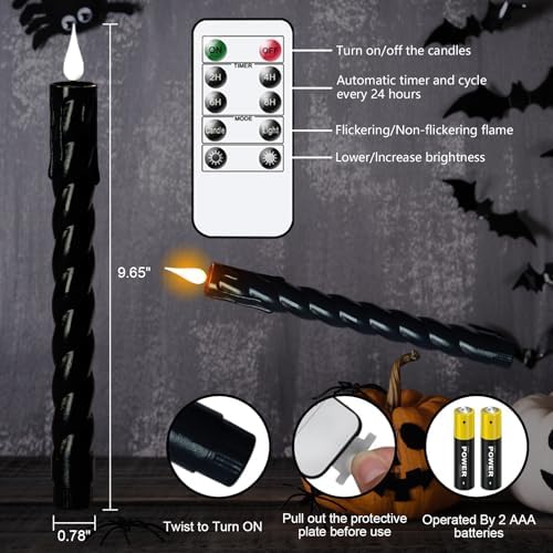 Black Flameless Taper Candles Battery Operated with Remote Timer