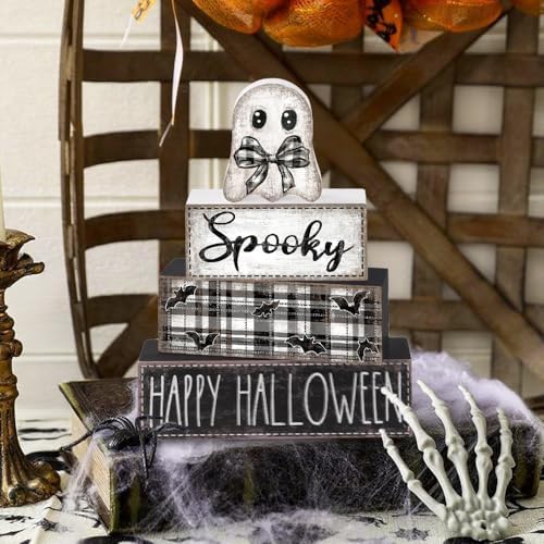 4Pcs Halloween Table Decoration Happy Halloween Ghost Wooden Block Sign