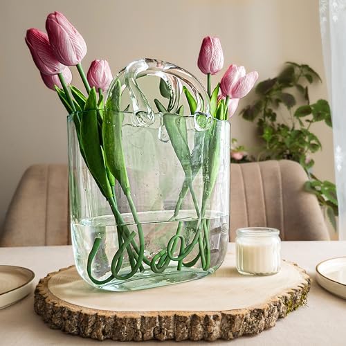 OLEEK Purse Vase for Flowers (Handmade) - 10 Inches Clear Glass Purse Vase - Cool & Cute vases for centerpieces, Fish Bowl - Unique Glass Handbag Flower vase Decorative - Wide Mouth Glass Purse
