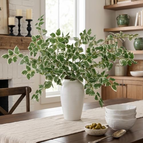 Daynight 12 Pcs Artificial Eucalyptus Leaves Stems, 35″ Long Stem Silk Plum Foliage Branches, Flexible Silk Faux Greenery for Farmhouse, Home, Kitchen and Table Centerpiece DIY Decor (12, Light Green)