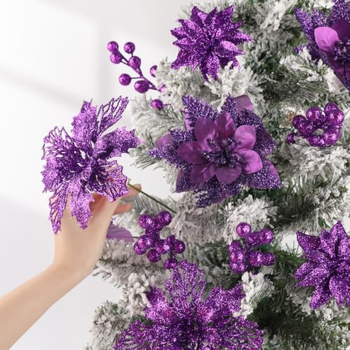 N&T NIETING Christmas Poinsettia Artificial Flowers Berries Picks, Purple