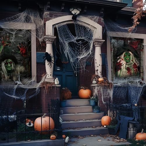 Newwiee 2 Pcs Scary Halloween Curtain Window Silhouette Cover, Green Witch