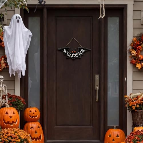 Smile Halloween Wooden Door Hanger with Welcome Bat Design