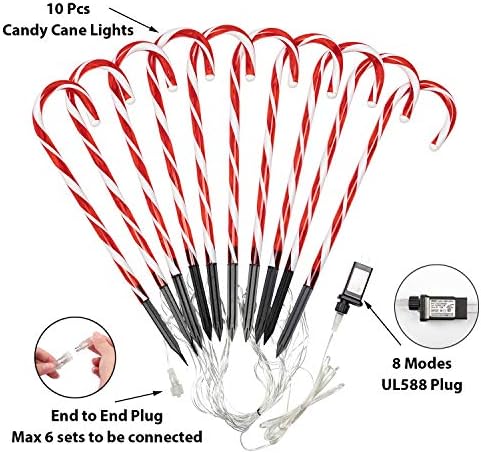 Candy Cane Outdoor Landscape Lights - 10 Pack 60 Red LEDs 21in Lighted Christmas Path Lights String with Memory Function 8 Flashing Modes End-to-End Plug in Waterproof Outside Candy Xmas Decorations