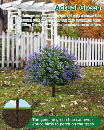 27.55'' Artificial Lavender Topiary Trees, 2 Sets Faux Boxwood Topiary with Spikes,Fake Shrubs Plants for Outdoor Planters, UV Resistant Round Topiary Bush Pot Filler for Front Porch Garden Home Decor