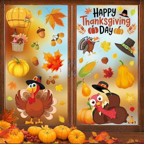 6 Sheets Thanksgiving Fall Window Clings, 73 Pcs Turkey Autumn Leaf Pumpkin Clings for Windows Thanksgiving Window Stickers for Home Holiday Party Store Glass Decoration
