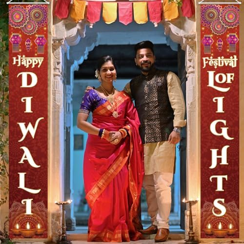 Diwali Porch Banner Sign Happy Diwali Door Decorations Indian Festival of Lights Hanging Banner for Indoor Outdoor, 12 X 71 Inch