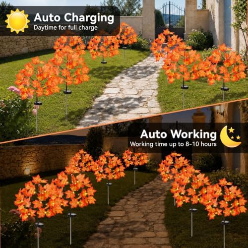 Fall Decorations Outdoor Solar Lights, 2Pcs Thanksgiving Lights 40LED 80 Maple Leaves Stake Light Waterproof 8 Lighting Modes for Autumn Patio Garden Yard Outside Halloween Thanksgiving Decorations