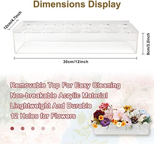 Acrylic Rectangular Floral Centerpiece Vase for Dining Table, 12-Holes, 11.8 x 4 x 3 Inches