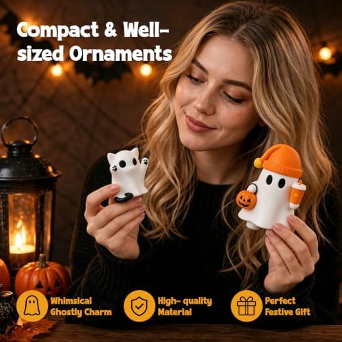 Cute Cat Halloween Ghost Figurine with Pumpkin Bucket and Orange Drink