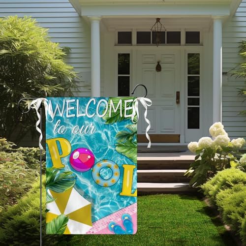 Welcome to Our Pool Garden Flags 12x18 Inch for Outside Summer Pool Party Decor Yard Flag Green Banana Leaves Farmhouse Garden Flag Double Sided for Yard Outdoor Decorations