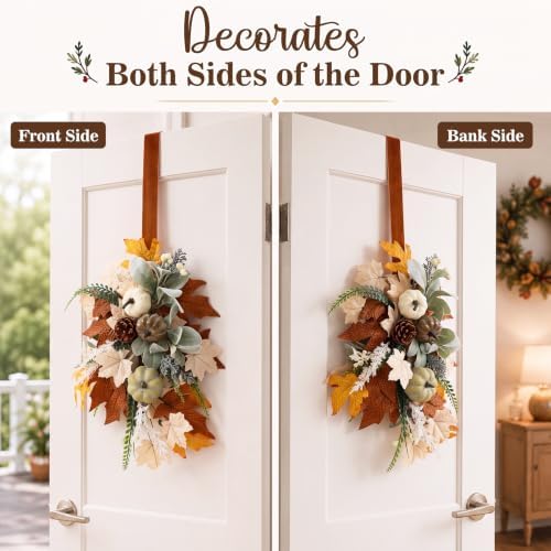 Dingion Fall Pumpkin Door Wreath Teardrop Swags with Maple Leaves Pine Cone