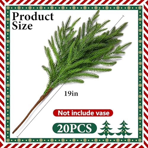 Purple Star 20 Pcs Christmas Norfolk Pine Branches, 19" Extra Length Artificial Xmas Branches Plants Pine Needles, Fake Greenery Norfolk Pines Stems Sprigs for DIY Craft Garland Home Garden Decor