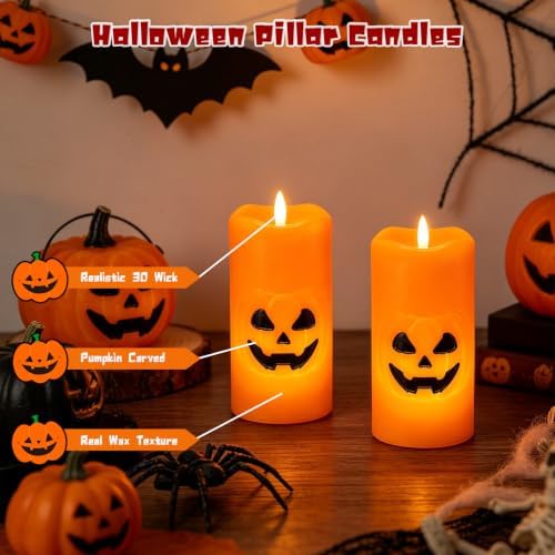 Eldnacele Halloween Pumpkin Flameless LED Pillar Candles with 6 Hour Timer