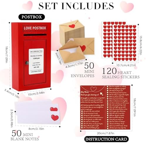 Romantic Wooden Love Postbox Set, 50 Mini Love Notes and Envelopes