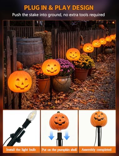Halloween Pumpkin Pathway Lights 7FT, 4 Pack Jack O Lantern Stakes C7 LED