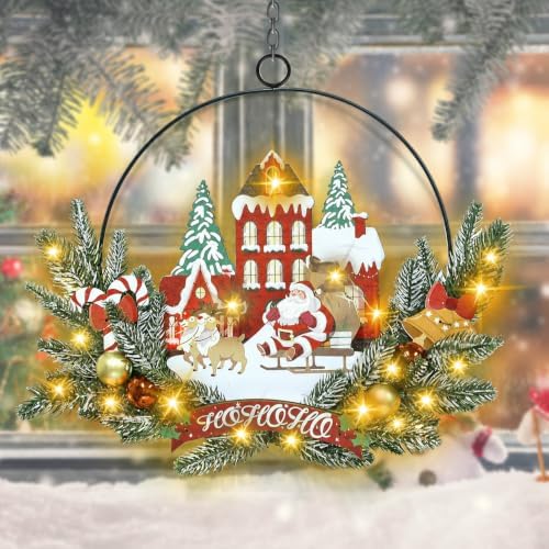Pre-Lit Christmas Wreath for Front Door, Lighted Witch with 6H On/18H Off