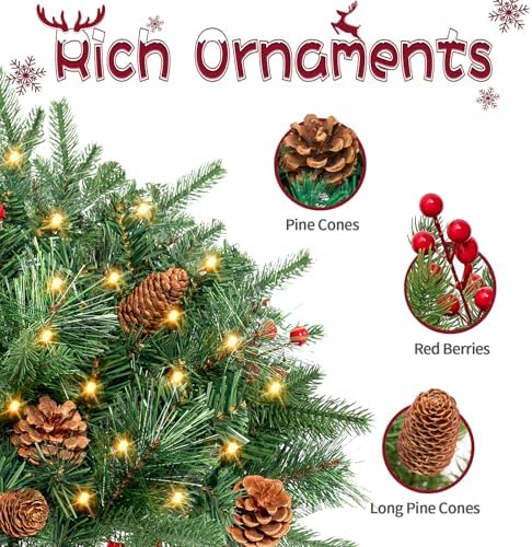 ENVEN Outdoor Christmas Tree Frosted Urn Filler 2 Set, Pre-lit Artificial Xmas Tree with Cones & Red Berries, Small Christmas Tree with 70 Warm Lights