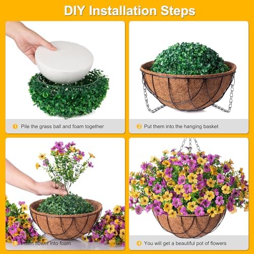 INXUGAO Artificial Silk Spring Flowers Hanging Basket for Outdoor Indoor, Daisy with Eucalyptus Leaves Arrangement for Yard Decor, Faux Green Plant in Metal Coconut Lining Pot(Purple Yellow)