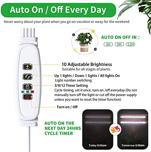 2 Head 13" Growing Lamp for Indoor Plants, Red & White Full Spectrum LED Grow Light Strips with Auto ON/Off, 3/9/12H Timer,10 Dimmable Levels for Green House Seedlings