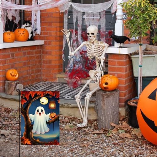Halloween Cute Ghost Garden Flag 12x18 Vertical Double Sided Pumpkin maple leaf Welcome Yard Flag Fall Holiday Outside Decorations Burlap for Outdoor Patio Lawn Farmhouse Farmland Holiday Decoration