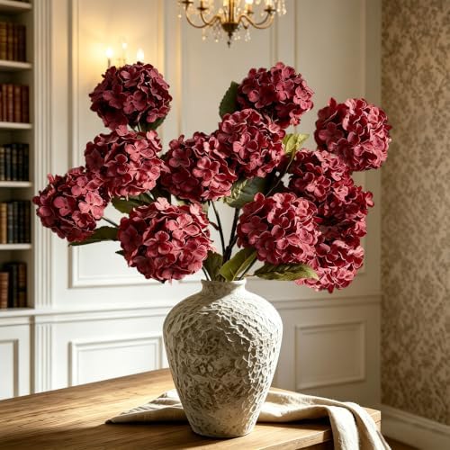 Thewe Burgundy Hydrangea Artificial Flowers – 30" Long Stem Vintage Fake Flowers, 3 Pcs, Real-Touch Silk Blooms for Rustic Home Decor, Farmhouse Wedding, Party Centerpieces, DIY Crafts