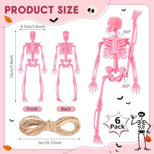 Jetec 6 Pcs Halloween Mini Plastic Skeleton with Jute Rope, Party Favors