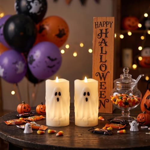 Halloween Ghost Flameless Pillar Candles with Remote Timer, 2PCS
