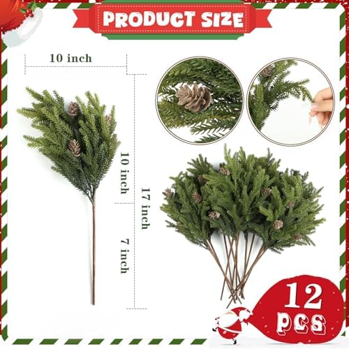 12Pcs Full Realistic Greenery Christmas Pine Branches Stems with Pine Cones