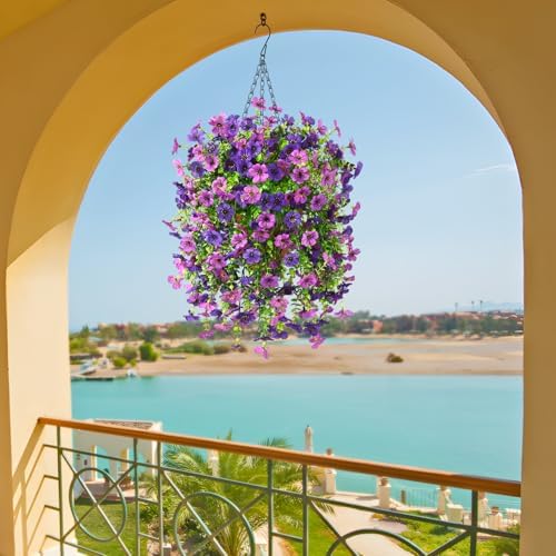 Artificial Fake Hanging Flowers Plants Baskets for Outdoor Outside Decor