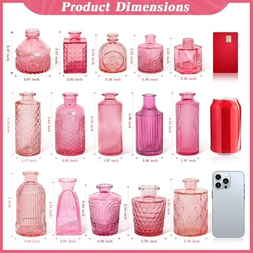 Set of 15 Pink Glass Bud Vases Small Textured Flower Vases