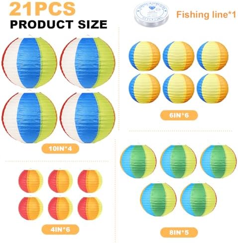 21Pcs Beach Ball Paper Lanterns Summer Luau Hawaiian Pool Party Decorations