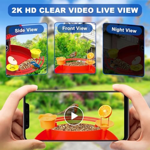 Bird Feeder with Camera - 4K HD Live View, Smart Bird Feeder Solar Powered, AI Recognition Auto Capture Video, 3-in-1 Feeding & Bathing & Hummingbird, Outdoor Garden Bird House (Red)