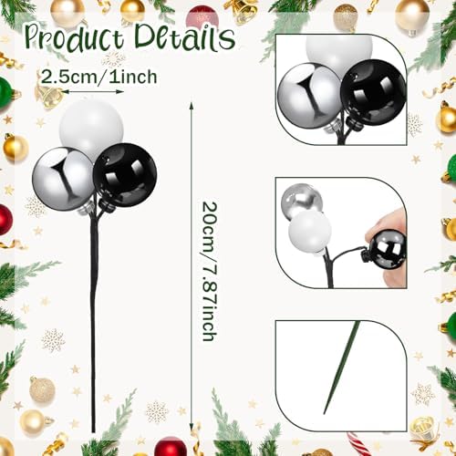 Syhood 12 Sets 7.9 Inch Christmas Ball Picks and Sprays, Silver Black White