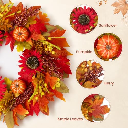Fall Wreath for Front Door, Autumn Thanksgiving Sunflower Wreath Fall Decor