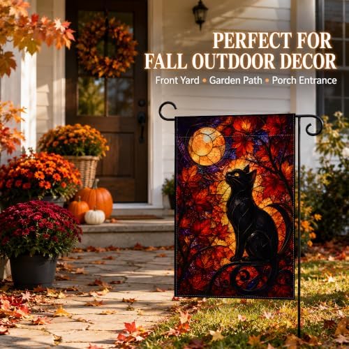 Fall Decor - Stained Glass Black Cat Moon Fall Thanksgiving Garden Flag