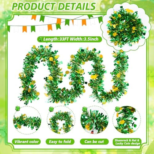 FOIMAS 33 Feet St Patrick's Day Tinsel Garland,Mentallic Green and Gold Shamrock Clover Hanging Garland with Hat Lucky Coin Confetti for St Patrick's Day Wreath Home DIY Craft Decoration, Green & Gold