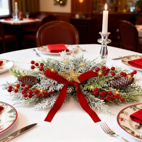 Giegxin 24 Inch Christmas Swags with LED Light Artificial Frosted Cedar Swag Decoration with Red Bow Red Berries and Pine Cones for Front Door Window Stair Fireplace Mantle Holiday Xmas Decor