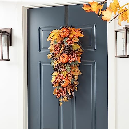 Glitzhome 2Pcs Fall Pumpkin Leaf Swag with Grapevine Base, Faux Berries and Lotus Pod Ornament, 25" H Autumn Maple Leaves Swag for Fall Wall Decor