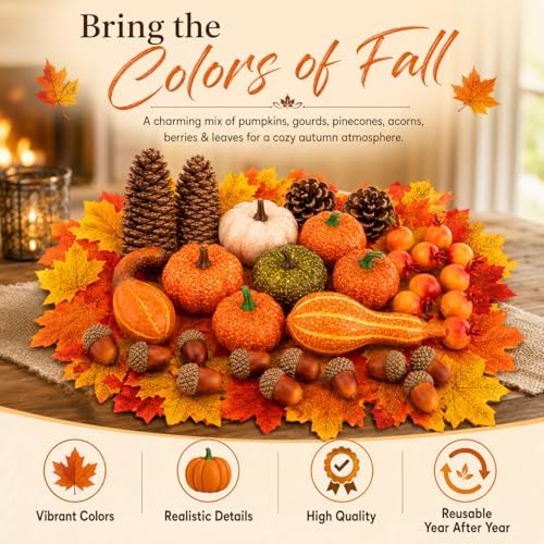 96-Piece Fall Decor Set with Artificial Pumpkins, Gourds and Maple Leaves