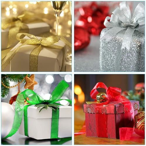 DECYOOL 4Rolls Christmas Ribbon Glitter Fabric Organza for Holiday Gift