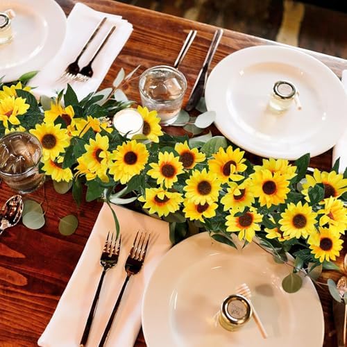 Uieke 12PCS Artificial Sunflower Garland, 7.5ft/Strand Silk Sunflowers Hanging Vines Flowers with Green Leaves for Room Kitchen Garden Birthday Wedding Baby Shower Party Table Decor Large