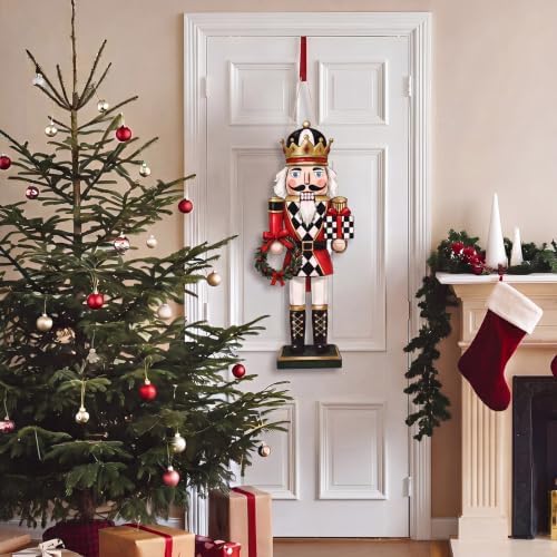 RattanView Christmas Checkered Soldier Nutcracker Door Hanger Wooden Nutcracker Soldier Knight Porch Wreaths Home Sign Front Door Ornament for Farmhouse Indoor Outdoor Yard Porch