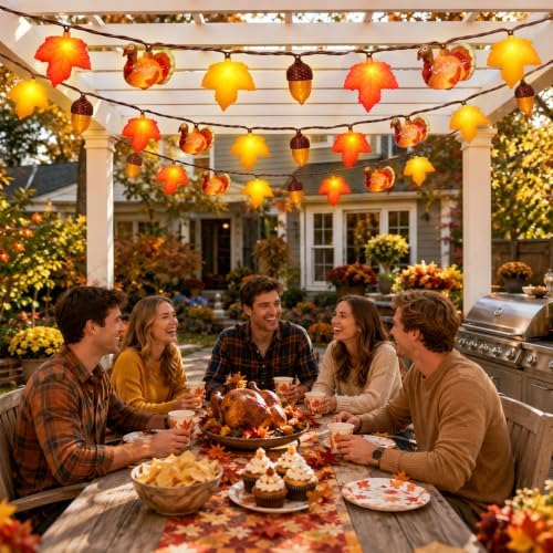 8.5Ft Fall Thanksgiving Decor String Lights, 10 LED Maple Leaves Acorn Turkey Lights Home Porch Fireplace Autumn Harvest Party, Indoor Outdoor Thanksgiving Decor, Plug in